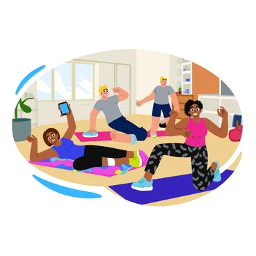 A group of three people following an online fitness class on their tablets while doing glute bridges at home. The first person, a woman with long brown hair, is wearing a bright blue workout top and black leggings. She is lying on a colorful yoga mat and has a tablet propped up beside her. The second person, a man with short blond hair, is in a well-lit living room with light wooden floors, dressed in a gray t-shirt and navy shorts. He is also on a yoga mat, focused on the screen. The third person, a woman with curly black hair, is in a cozy bedroom setting, wearing a pink sports bra and patterned leggings. Her tablet is placed on a dresser as she performs the exercise. Sunlight streams through the windows, illuminating the space and highlighting the energy of the workout session.