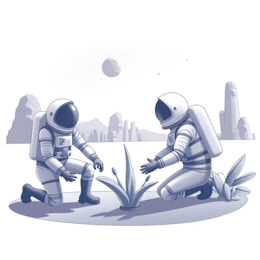 Two astronauts in space suits are exploring a unique alien landscape. The ground is covered with unusual plant life featuring intricate shapes and sizes. Some of the plants have long, spiraling stems, while others are broad with large, floppy leaves. The astronauts are examining a cluster of plants that emit strange, geometric formations, kneeling beside them for a closer look. In the background, the horizon showcases unusual rock formations with varied textures. The sky above is filled with an array of celestial bodies, including large moons and distant stars.