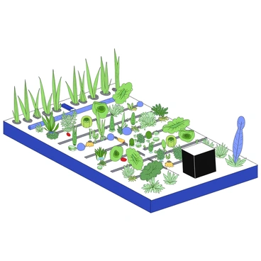 A farm field where a black box is growing alongside colorful crops