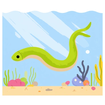 A moray eel with a textured green and brown body is swimming through clear, shallow tropical waters. The water is illuminated by beams of sunlight filtering down from the surface, creating patterns of light and shadow. Various colorful coral formations and small fish are visible in the background, adding vibrancy to the scene. The sandy ocean floor is visible, dotted with small pebbles and marine plants swaying gently with the current.