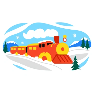 A cartoon train with bright red and yellow colors is plowing through a snowy landscape. The train is adorned with cheerful designs and has a plume of white steam billowing from its smokestack. Surrounding the train, large snowflakes are swirling around in the air, adding a sense of motion. The ground is covered in a thick blanket of white snow, with gentle hills rising in the background, and a few evergreen trees dotted around, their branches heavy with snow.