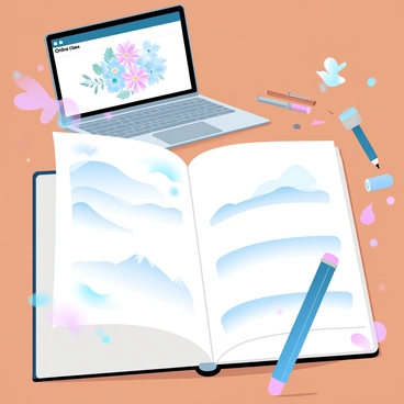 A sketchbook open on a wooden table with various illustrations neatly drawn on its pages. Each page features different subjects such as a vibrant flower bouquet, a landscape with rolling hills, and an abstract pattern in soft colors. A pencil lies next to the sketchbook, partially shaded illustrations visible, showcasing progress from rough drafts to detailed sketches. In the background, a laptop is open, displaying the online class interface, with a few art supplies scattered around, including colored pencils and erasers.
