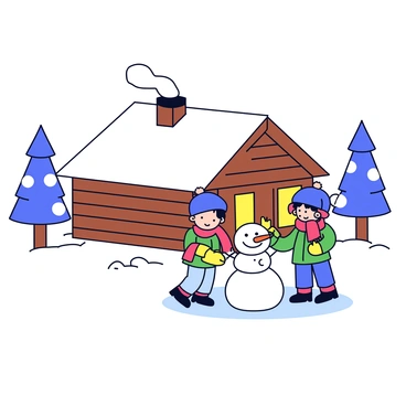 A cozy cabin in a snowy landscape, with children building a snowman nearby.