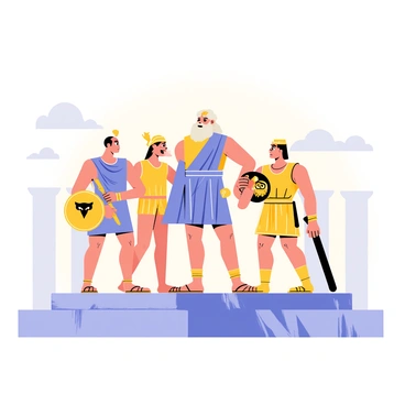 Greek gods and heroes depicted in a comic book style, amidst clouds and ancient ruins