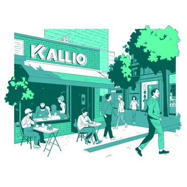 A teal street scene in the Kallio district showcases a variety of colorful street art covering the brick walls. In the foreground, several people are seated at small tables outside a white café, sipping drinks and chatting. Some individuals are walking by, while others are stopping to admire the artwork. The atmosphere is dynamic, filled with the energy of urban life as people engage with one another and the vibrant surroundings. A few trees with lush green foliage are scattered throughout the area, adding a touch of nature to the lively street life.