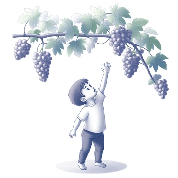 A child stands beneath a grapevine with clusters of grapes hanging down. The child is stretching their arm upward, fingers slightly curled as they aim to grasp a bunch of ripe grapes. The child's expression shows focus and determination, with sunlight filtering through the leaves overhead, creating a dappled pattern on the ground. The vine is lush, with vibrant green leaves surrounding the grapes, emphasizing the natural setting.