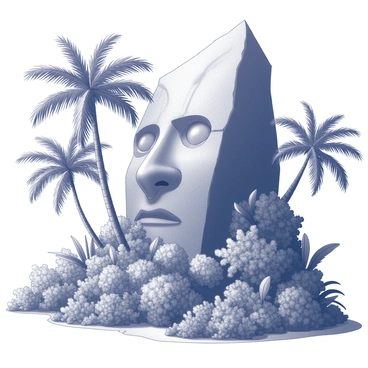An island partially obscured by dense foliage. The scene features a giant stone face carved into a rocky cliff, with intricate details that highlight the expression and features of the visage. Surrounding the stone face is a lush forest of tall palm trees, their fronds swaying gently in the breeze. Exotic plants with varied textures and shapes fill the foreground, creating a vibrant, dense understory. Sunlight filters through the leaves, casting dappled shadows on the ground, enhancing the mysterious atmosphere of the scene.