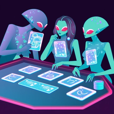 A group of colorful aliens gathered around a futuristic poker table. Each alien has distinct features, with one having large, bulbous eyes and green skin, while another has a slim, elongated body and shimmering blue scales. They are intently focused on their cards, which display intricate galactic and cosmic designs, featuring swirling galaxies, shining stars, and nebulae in vibrant colors. The table is equipped with holographic displays showing the current game status, and there are stacks of chips made of glowing materials beside each player. The environment is dimly lit, with soft lighting accentuating the aliens and the vivid patterns on the cards.