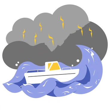 A small boat with a white hull is being tossed by large, turbulent waves. The waves are depicted with swirling shapes and dynamic movement, showcasing their fury. Above the boat, a dark, stormy sky filled with gray clouds looms ominously, with occasional flashes of light indicating lightning in the distance. The overall scene captures the intensity of the storm and the struggle of the small boat against nature's power.