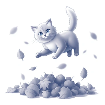 A ragdoll cat with fluffy fur and striking blue eyes is mid-air, pouncing towards a large pile of crunchy autumn leaves. The leaves are in various shapes and sizes, displaying intricate veins and textures. The cat's paws are outstretched, ready to make contact with the leaves below. In the background, there are blurred outlines of trees with falling leaves, indicating the season. The scene captures the dynamic movement of the cat and the playful interaction with the leaves on the ground.