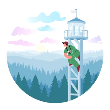 A ranger is positioned inside a tall fire watch tower, surrounded by wooden beams and a sturdy railing. The ranger is wearing a green uniform and a wide-brimmed hat, leaning slightly over the edge of the tower to scan the expansive horizon. The landscape below features a dense forest of evergreen trees stretching as far as the eye can see. Subtle wisps of clouds drift across a gradient pastel sky, transitioning from soft pinks to light blues. The sun is setting in the background, casting a warm glow over the scene. A pair of binoculars hangs from the ranger's neck, ready to assist in spotting any potential signs of smoke in the distance.