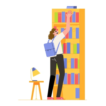 A student with curly brown hair is reaching up to grab a book from a wooden bookshelf that is tall and filled with colorful books. The shelves are packed tightly with books in various shades of blue, red, yellow, and green. The student is wearing a light blue backpack and a white t-shirt. A soft light is illuminating the bookshelf, highlighting the vibrant colors of the book spines. The floor beneath the bookshelf is made of polished wood, and there is a small, round table with a lamp in the foreground.