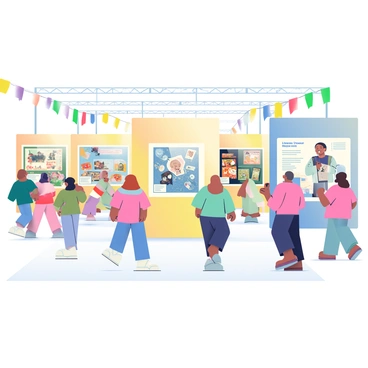A spacious exhibit hall is filled with various displays showcasing the "history of illustration." In the foreground, there are several large, framed illustrations depicting different styles and eras, including vintage prints, modern digital art, and classic children's book illustrations. Each frame has a small placard with descriptions beneath the artworks. People of diverse backgrounds are walking through the exhibit, some stopping to closely examine the pieces. Colorful banners hang from the ceiling, adding vibrancy to the scene. To one side, a presentation area features an artist giving a talk about the evolution of illustration techniques, with an audience gathered around. The atmosphere is engaging and educational, with a sense of appreciation for the art form.