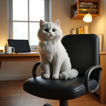 A fluffy cat with long, soft fur in shades of white and gray is comfortably sitting on a black office chair. The chair has a high back and armrests, with a smooth, leather-like surface. The home office features a wooden desk with a laptop open on top, a notepad, and a mug filled with pens. In the background, there are shelves filled with books and small decorative items, illuminated by a warm desk lamp. The overall atmosphere is cozy and inviting, with natural light streaming in through a nearby window.