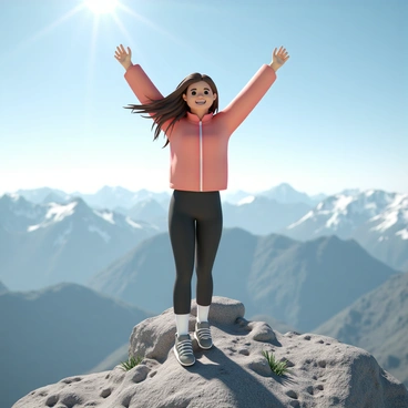 A woman, wearing a bright red jacket, black hiking pants, and gray hiking boots, stands on top of a rocky mountain peak. She has long brown hair flowing in the wind and is raising her arms high in the air in celebration. The sky is clear blue, and the sun is shining down, illuminating her joyful expression. In the background, vast mountain ranges stretch towards the horizon, with patches of snow visible on the peaks. The rocky terrain around her is scattered with small stones and sparse vegetation, emphasizing her achievement at this lofty elevation.