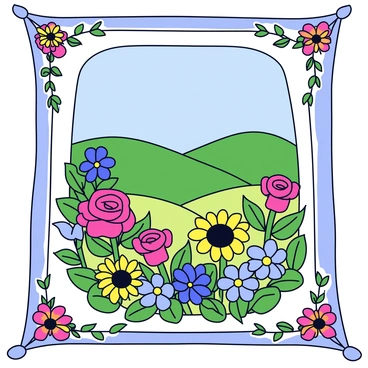 A large tapestry featuring an intricate design of various blooming flowers in vibrant colors. The flowers include red roses, yellow sunflowers, and blue forget-me-nots, all surrounded by lush green leaves. In the background, there are rolling hills and a clear blue sky. The entire scene is framed by ornate borders with additional floral motifs.