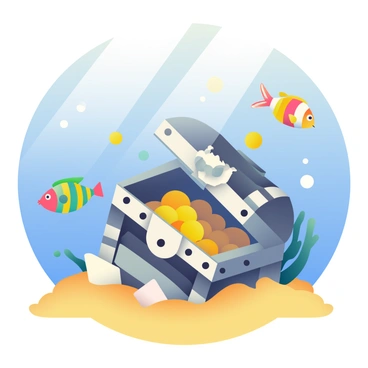 A mysterious treasure chest is partially buried in golden sand on the ocean floor. The chest is adorned with intricate designs and is slightly open, revealing glimmers of gold coins and jewels inside. Surrounding the chest, a school of colorful fish swims gracefully, their scales reflecting light as they move through the water. Sunlight filters down from the surface, creating a soft, dappled effect on the sandy bottom, enhancing the allure of the hidden treasure.
