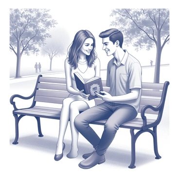 A young couple is sitting closely together on a park bench. The woman has long hair that cascades over her shoulders, and she is wearing a light summer dress. The man has short hair and is dressed in a casual shirt and jeans. They are both focused on a book held between them. The book is titled "First Love" and features an ornate cover. The couple is engaged in conversation, occasionally looking at each other and smiling. In the background, there are trees with lush foliage providing shade, and a path where a few people stroll by leisurely.