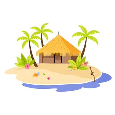 A tropical island features a central thatched hut with a peaked roof made of dried palm leaves. The hut is built on stilts above the sandy ground. Surrounding the hut are several tall coconut trees with green fronds, some coconuts hanging from the branches. The sandy beach is visible, leading to clear blue water at the edge of the island. Lush greenery and colorful tropical flowers are scattered throughout the landscape. A few seashells rest on the beach near the water's edge.