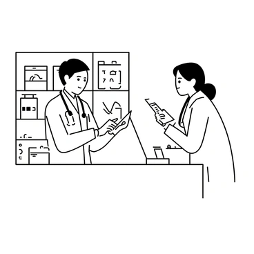 A doctor in a white coat is standing next to a pharmacist behind a pharmacy counter. The doctor is holding a prescription pad and pointing at it while discussing the medication. The pharmacist, wearing a lab coat, is looking at the doctor attentively, with a clipboard in hand. Shelves filled with various medication bottles and boxes are visible behind the pharmacist. The setting includes a computer terminal on the counter, and a stethoscope hangs around the doctor's neck.