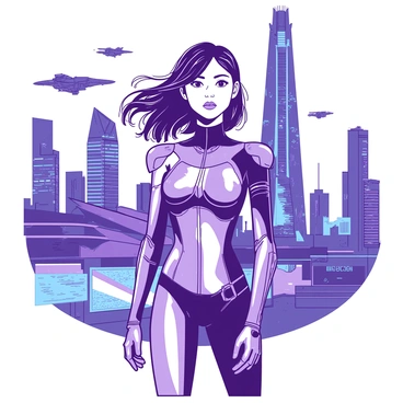 A girl wearing a metallic outfit that shines brightly, with intricate high-tech accessories adorning her arms and neck. She stands confidently in front of a futuristic city skyline featuring tall, sleek skyscrapers with glowing lights. The backdrop includes flying vehicles soaring through the sky and digital billboards illuminating the scene. The girl's hair flows freely, catching the ambient light from the city around her, while her posture exudes strength and determination.