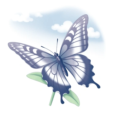 A butterfly with intricate patterns on its wings is shown in detail. The butterfly is perched delicately on a green leaf. The wings are wide open, displaying an elaborate design that includes various shapes and lines. The background features a clear blue sky with a few soft, fluffy clouds scattered throughout. The scene captures a moment in nature, highlighting the delicate beauty of the butterfly amidst a bright and open environment.