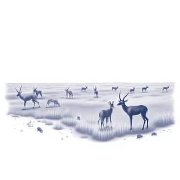 A vast steppe landscape stretches across the horizon. The ground is covered in tall grasses waving gently in the breeze. In the foreground, several herds of antelope graze peacefully, their slender bodies poised elegantly against the open space. Scattered among the grasses, small rabbits can be seen, some darting quickly while others nibble at the vegetation. The backdrop features a clear expanse of sky, enhancing the feeling of openness in this natural setting.