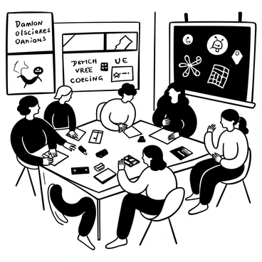 A group of diverse individuals gathered around tables in a community center, focused on drawing comic illustrations. Various sketchbooks and pencils are scattered across the tables. Some participants are collaborating, sharing ideas and showcasing their works-in-progress. The walls are adorned with posters of comic characters and artwork from previous workshops. A large blackboard displays tips and techniques for comic illustration. Sunlight filters in through windows, illuminating the creative atmosphere.