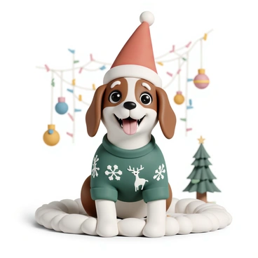 A cheerful dog, with a shiny coat in shades of brown and white, is sitting happily on a fluffy rug. The dog is wearing a festive red Santa hat, slightly askew, and a cozy green Christmas sweater adorned with white snowflakes and reindeer patterns. Its big, expressive eyes are sparkling with joy, and its tongue is playfully sticking out. In the background, there are colorful Christmas decorations, including twinkling lights and a small tree with ornaments.