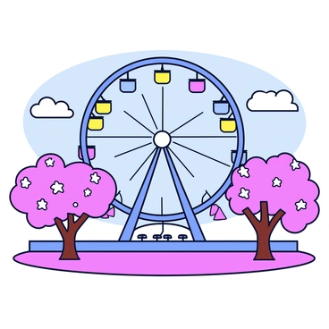 A large ferris wheel with colorful gondolas is standing tall in the center of the scene. Surrounding the ferris wheel are numerous cherry blossom trees in full bloom, their branches full of delicate pink flowers. The petals from the cherry blossoms are gently falling to the ground, creating a soft pink carpet beneath. In the background, the sky is clear with a few fluffy white clouds.