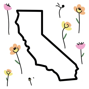 A vintage California state map displayed prominently in the center of the image. The map features intricate details of the state's geography, including mountain ranges, rivers, and cities. Surrounding the map are colorful illustrations of poppy flowers in varying shades of orange and yellow. The flowers are artistically arranged along the borders of the map, creating a vibrant contrast against the muted tones of the map itself. Each poppy illustration captures the delicate petals and stems, enhancing the overall visual appeal of the composition.