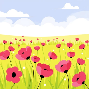 A vast field filled with vibrant red poppies, their delicate petals swaying in the gentle wind. The poppies are interspersed with green grass, creating a colorful contrast. Above, a bright blue sky stretches endlessly, dotted with a few fluffy white clouds. The scene captures the lively movement of the flowers as they dance in the breeze.