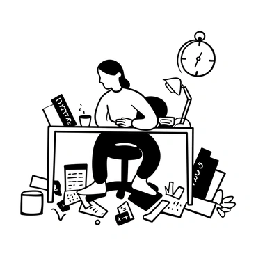 A student sitting at a cluttered desk, surrounded by open notebooks and scattered sheets of paper filled with handwritten notes. A few snack wrappers and an empty coffee cup are placed next to a flickering desk lamp. The student is leaning slightly forward, with a pen in hand, focused on a textbook lying open in front of them. A clock on the wall shows the late hour, indicating a long night of studying.