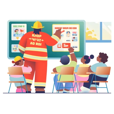 A firefighter with dark hair is standing in front of a chalkboard in a classroom, wearing a bright yellow helmet and a red firefighting jacket. The firefighter is pointing to a colorful poster that illustrates fire safety tips, including "Stop, Drop, and Roll" and "Stay Low and Go." Around him, a group of five children of diverse backgrounds are seated at small wooden desks, listening attentively. One child, a girl with pigtails, raises her hand enthusiastically. The classroom is decorated with educational materials and safety posters, and there is a large window showing a sunny day outside.