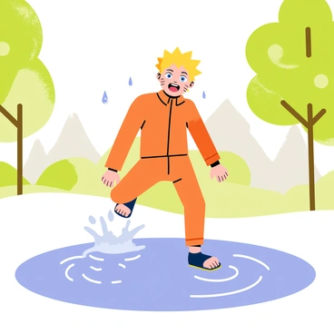 Naruto is joyfully splashing in puddles during a light summer rain. He is wearing his signature orange jumpsuit, and his spiky blond hair is slightly damp. Water droplets are flying around him as he jumps into a large puddle, creating a splash. The background features green trees with glistening leaves and a soft gray sky, indicating the light rain. Small ripples are visible in the puddle, and Naruto's expression shows pure delight and excitement.