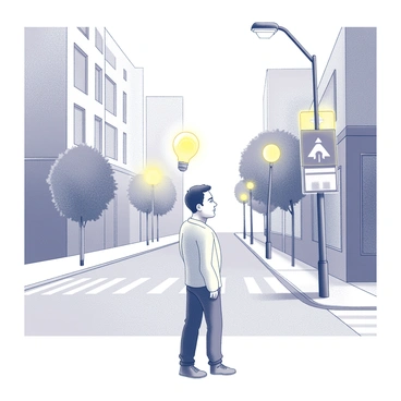 A person standing at a city street corner. The individual has an expression of contemplation, with their body slightly turned, indicating indecision about whether to turn left or right. Above their head, there is a glowing lightbulb, representing an idea or a moment of realization. Surrounding the person, the street features tall buildings, a sidewalk, and street signs indicating the direction of each turn. The scene captures the urban environment, with details such as a crosswalk and nearby trees lining the street.