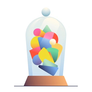 A giant glass cloche is positioned in the center of the image, encasing a vibrant arrangement of colorful abstract shapes. Inside the cloche, there are various geometric forms, such as circles, triangles, and irregular polygons, all displaying a spectrum of bright colors like red, blue, yellow, and green. The shapes are layered and overlapping, creating a sense of depth and dimension. The base of the cloche is resting on a wooden pedestal, enhancing the contrast with the colorful shapes inside. Soft light filters through the glass, casting gentle shadows on the surface below.