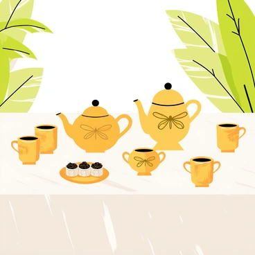 An elegant tea ceremony setup featuring a beautifully arranged table with a patterned tablecloth. The centerpiece includes two intricately designed teapots inspired by mosquito shapes, with delicate wings and slender bodies. Surrounding the teapots are matching cups that also reflect the mosquito motif, each with fine details and elegant handles. A small, ornate tray holds assorted tea leaves in decorative containers. Soft light filters through nearby plants, casting gentle shadows on the table.
