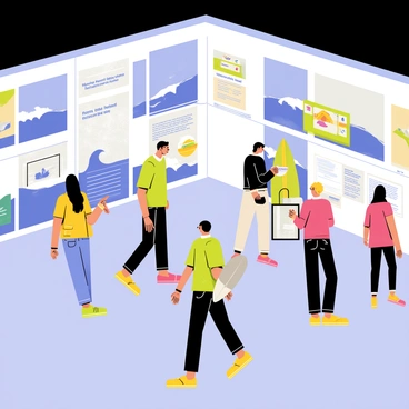 Visitors walking through a tsunami museum exhibit filled with various interactive displays. The room features large panels with vibrant images of ocean waves and historical tsunami events. Several artifacts, such as a small boat and a surfboard, are positioned throughout the space. Some visitors are engaging with touch screens, while others are reading informational plaques. Bright lights illuminate the exhibits, creating an inviting atmosphere. The walls are adorned with colorful maps showing tsunami impact zones and safety information.