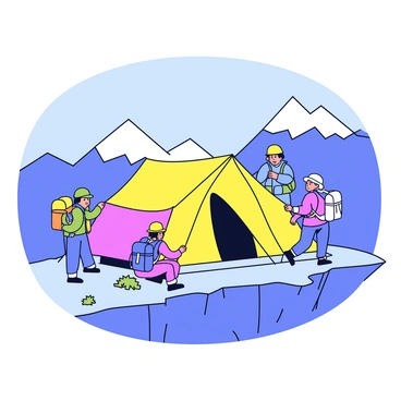 A brightly colored tent is perched on the edge of a cliffside, with a scenic view of the valley below. Several hikers are visible around the tent, engaged in packing their gear into backpacks. The hikers are wearing outdoor clothing, including jackets and hats, and their backpacks are filled with various equipment for their adventure. The ground is rocky, with patches of grass, and a clear sky is overhead.