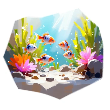 An underwater scene featuring a group of zebrafish swimming playfully among vibrant aquatic plants. The zebrafish, with their distinct black and orange stripes, dart around a lush green backdrop of seaweed and colorful coral formations. Sunlight filters through the water, creating patterns of light and shadow on the sandy ocean floor. Small bubbles rise from the substrate as the fish explore their surroundings, occasionally interacting with small pebbles and shells scattered throughout the scene.