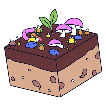 A cross-section of healthy soil showing different layers. At the surface, there is a layer of dark brown topsoil rich in organic matter. Below, a lighter brown subsoil is visible. Various decomposers are depicted, including earthworms, mushrooms, and beetles. The earthworms are wriggling through the soil, while mushrooms have caps peeking above the surface. Beetles are crawling among the soil particles. Tiny roots from plants extend down into the soil, interacting with the decomposers. There are small air pockets visible, indicating good aeration in the soil. The entire scene is vibrant and filled with life.