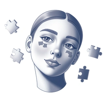 A portrait of a person with a serene expression. The face is partially obscured by missing puzzle pieces, creating a visual metaphor for lost memories. The skin has detailed textures, and the features are carefully rendered to emphasize the emotional depth of the subject. Surrounding the face, there are scattered puzzle pieces, some hovering in the air, suggesting the fragments of memories that are unattached. The background is simple, allowing the focus to remain solely on the individual and the missing pieces.