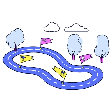 A roadmap illustration with a winding path leading through different academic years. Each segment of the path represents a distinct year, labeled from "Freshman" to "Senior." Along the roadmap are milestones, each marked with a colored flag. The milestones depict specific GPA goals, such as "3.0," "3.5," and "4.0," with corresponding icons like books and graduation caps. The background features simple trees and clouds, adding a light, minimalistic touch to the scene.