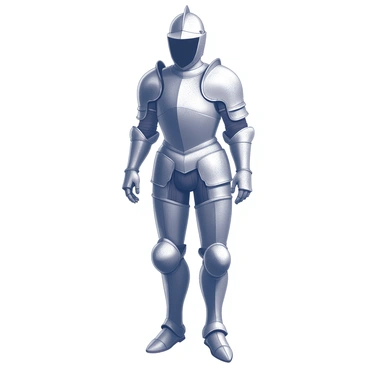 A suit of armor stands tall and imposing. The armor is intricately detailed, featuring ornate engravings and a polished surface that reflects light. The helmet has a visor that is slightly lifted, suggesting an empty interior. The armor covers the entire body, with heavy shoulder plates and segmented limbs. The backdrop is neutral, allowing the focus to remain on the armor's shine and craftsmanship. "The armor is shimmering with an ethereal light," creating a sense of magic surrounding the figure.