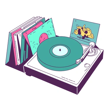 A teal vintage vinyl record is spinning on a white turntable. The turntable is situated on a wooden table with polished surfaces. Surrounding the turntable are several colorful album covers leaning against it, showcasing different music genres. The edges of the covers are slightly worn, adding to the vintage aesthetic. A soft glow reflects off the turntable, highlighting the details of the record as it spins.