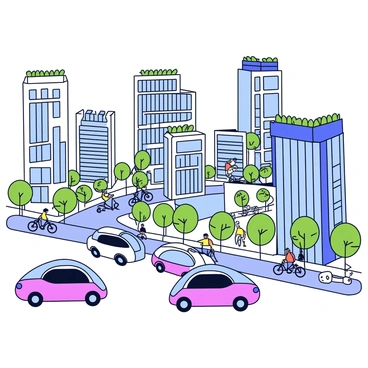 A futuristic cityscape featuring sleek, smart buildings with glass facades and integrated greenery, such as vertical gardens and solar panels. The buildings are varying in height, with some towering high above, while others have wide terraces filled with plants. The streets are bustling with automated electric vehicles, showcasing modern designs with smooth curves and vibrant colors. Pedestrians walk along wide sidewalks lined with trees, and there are designated bike lanes filled with cyclists. The sky above is clear, emphasizing the clean environment.