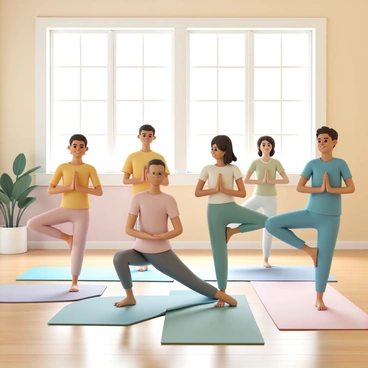 A group of five people, two men and three women, are practicing yoga in a bright studio filled with natural light. The walls are painted in soft pastels, and large windows let in sunlight. Each person is wearing comfortable, colorful workout attire. They are positioned in a calming pose, such as "tree pose" or "warrior pose," showcasing their focus and balance. All individuals are smiling, radiating a sense of joy and tranquility. A few yoga mats are placed on the wooden floor, and there are green plants in the corners of the studio, adding a touch of nature to the serene environment.