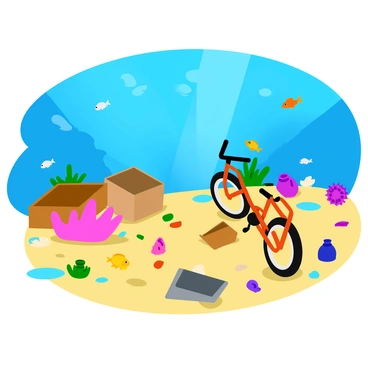 An underwater scene depicting a vibrant ocean floor covered with various debris. The floor is scattered with colorful coral fragments, old crates, and pieces of broken pottery. A rusted bicycle can be seen partially buried in the sand. Small fish swim around the debris, adding movement to the scene. Sunlight filters down through the water, creating dappled patterns on the ocean floor and illuminating the details of the scattered items.