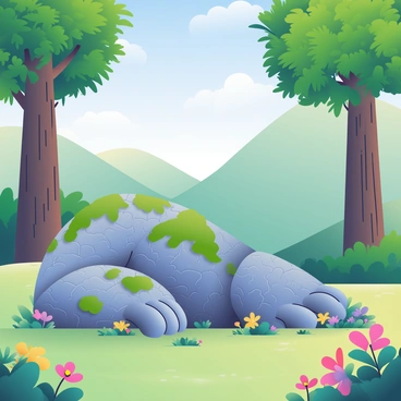 A massive stone giant with a textured, rugged exterior is peacefully slumbering in a lush green valley. The giant's limbs are covered in moss and small plants, blending it into the landscape. Around the giant, vibrant wildflowers in shades of yellow, purple, and pink bloom abundantly. Tall trees with thick trunks and rich green leaves surround the scene, providing dappled sunlight that filters through the canopy. In the background, gentle hills slope down toward a serene blue sky dotted with fluffy white clouds, completing the tranquil atmosphere of the valley.